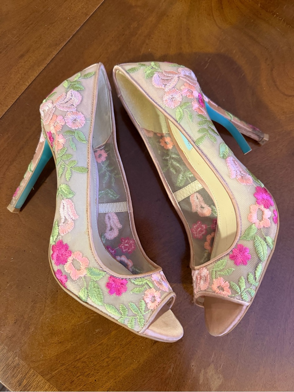 Betsey Johnson Pink Floral Mesh Peep-Toe Heels with Blue Heel Adley
